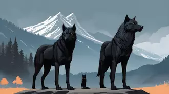 3 black wolves and mountain background 