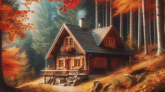 A cozy cabin in the woods surrounded by colorful autumn leaves