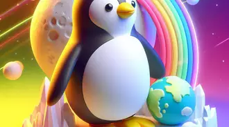 3D render of a penguin with colorful background